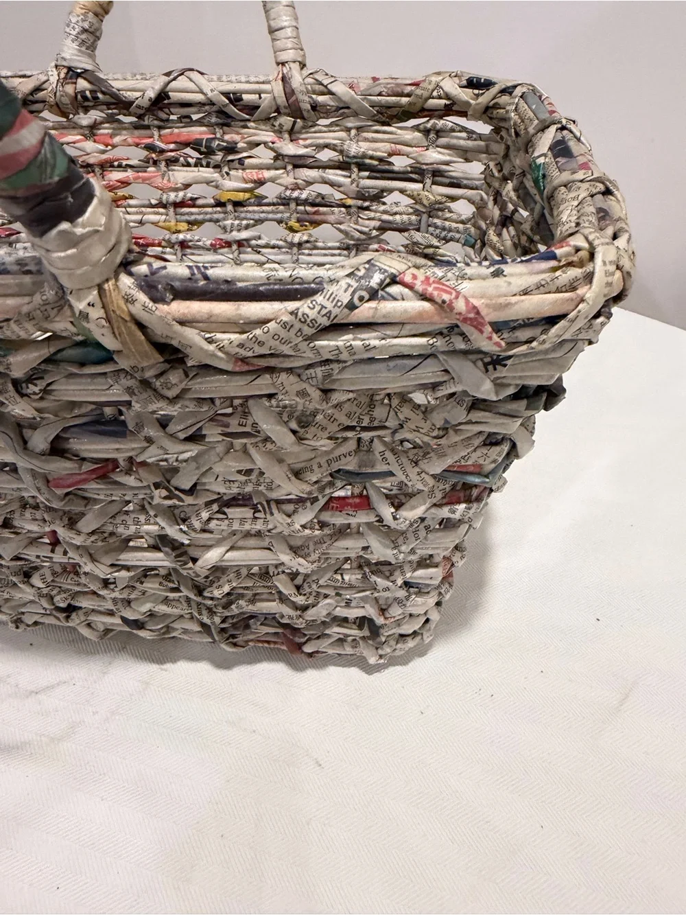 Hand Crafted Multi-Color Woven Newspaper Basket with Gray Tones